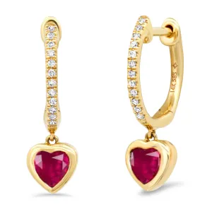 14K Gold and Diamond Ruby Heart Drop Hoops Earrings