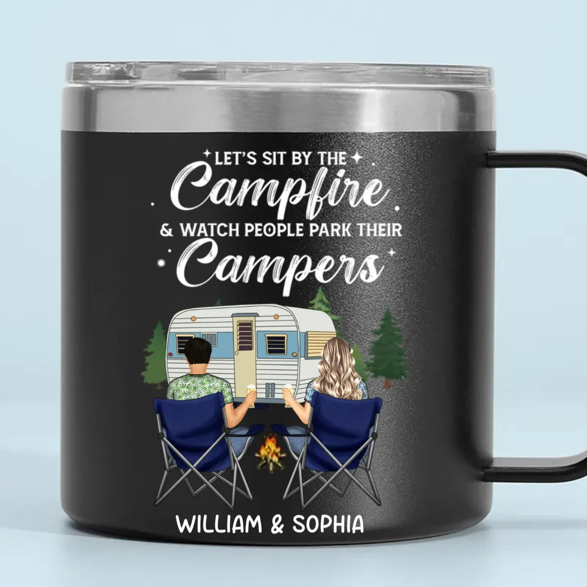 14oz Couple - Let's Sit By The Campfire - Personalized Stainless Steel Tumbler With Handle