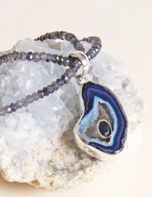 Agate Geode on Iolite Beaded Necklace - One of a Kind