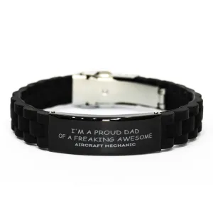 Aircraft Mechanic Gifts. Proud Dad of a freaking Awesome Aircraft Mechanic. Black Glidelock Clasp Bracelet for Aircraft Mechanic. Great Gift for Him. Fathers Day Gift. Unique Dad Jewelry