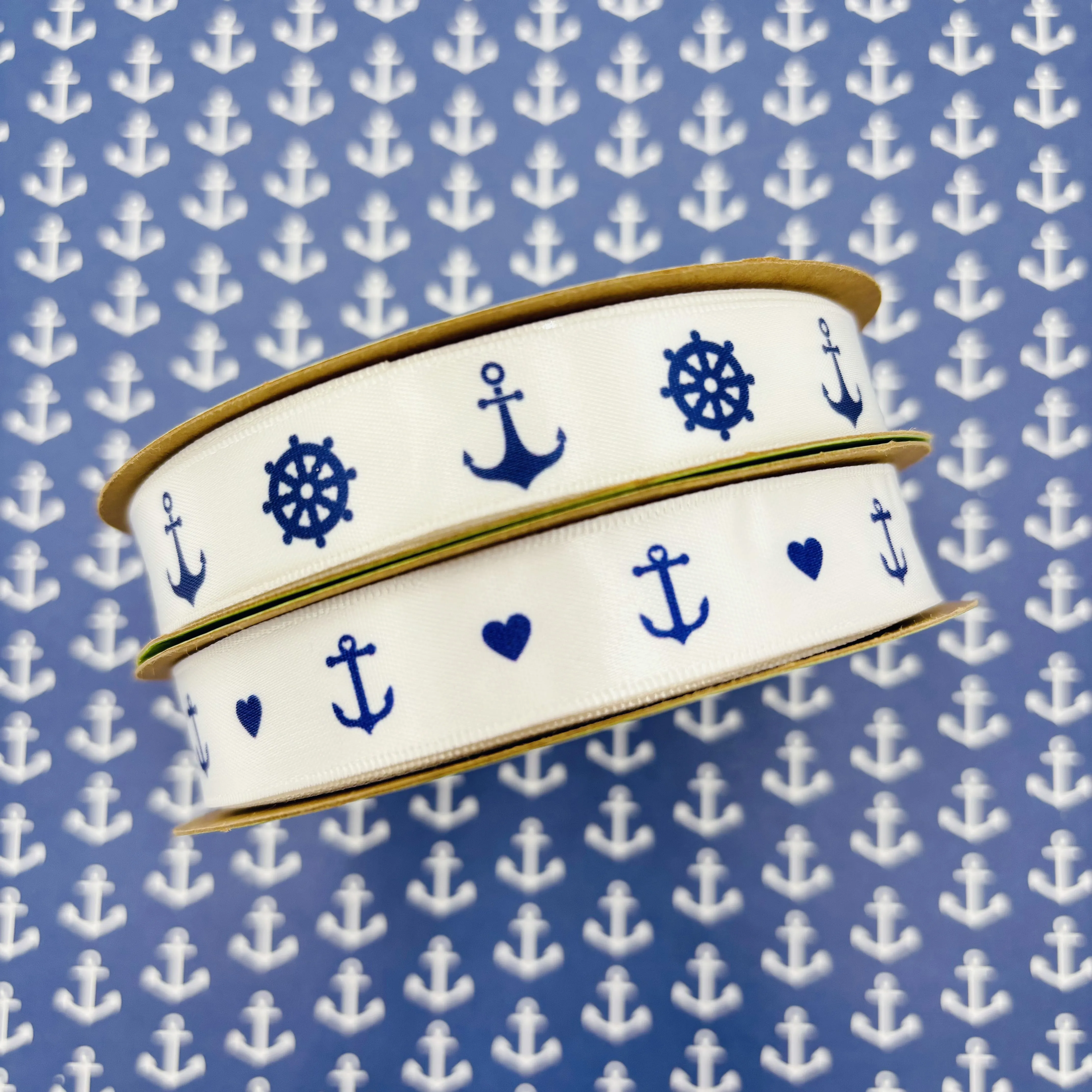 Anchors and Ship Wheels ribbon in navy blue printed on 5/8" white single face satin