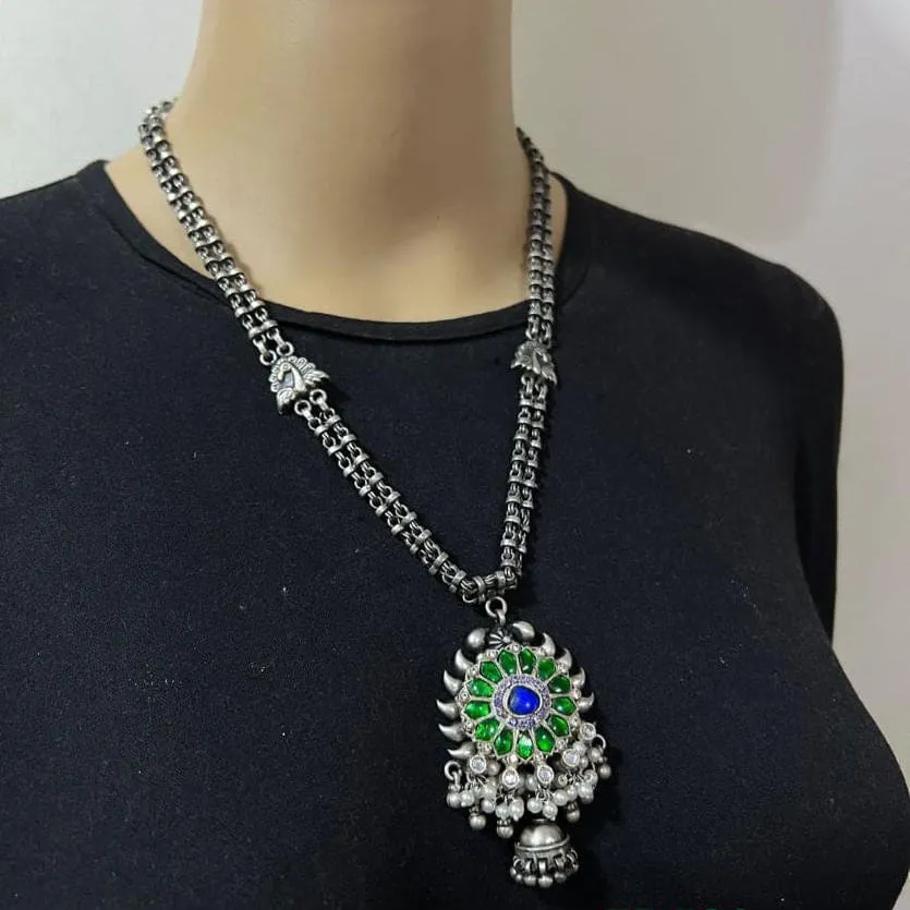 antique silver with multi stone necklace,925 sterling silver traditional handmade necklace for woman