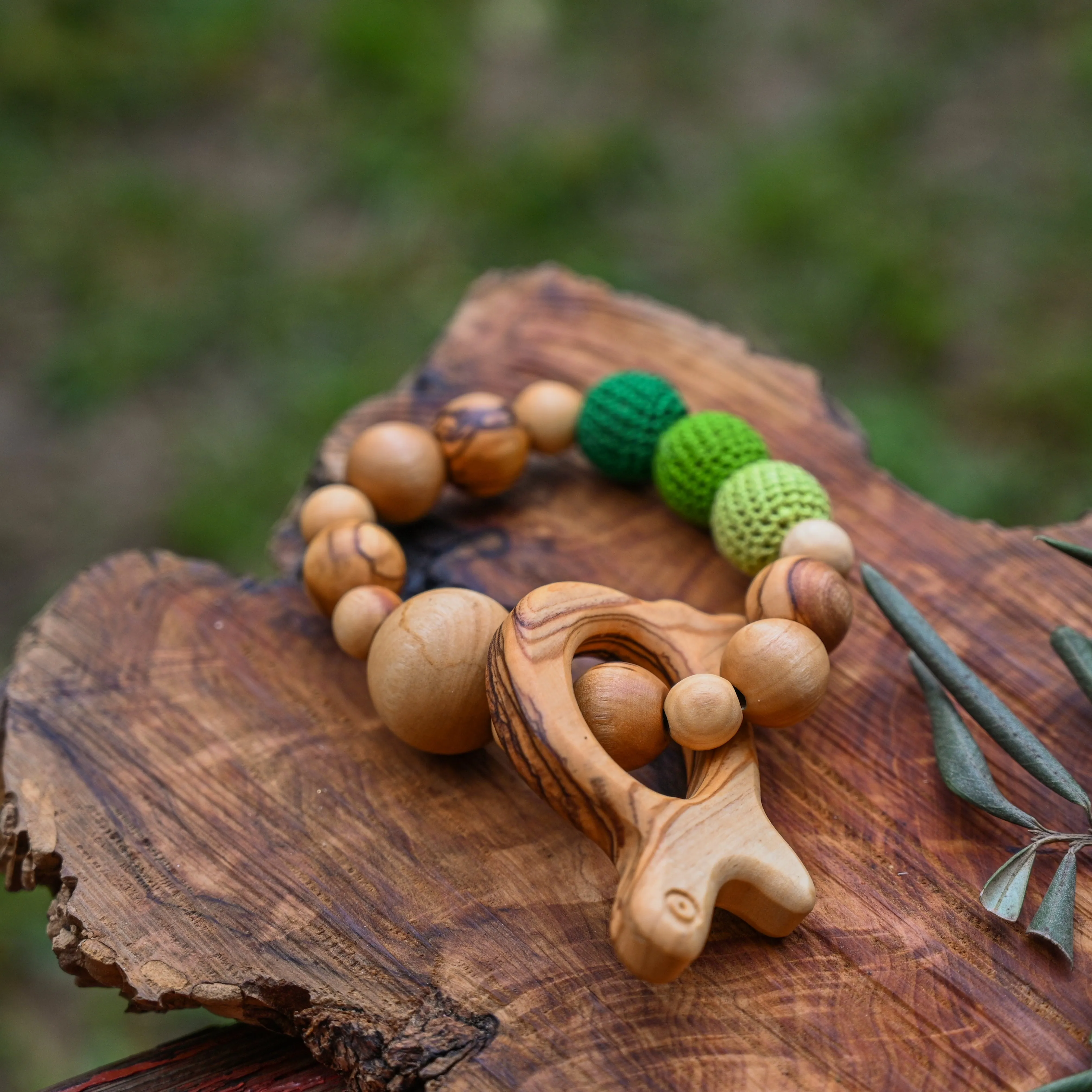 Baby Natural Teething Ring with Green Turtle Crocheted Beads