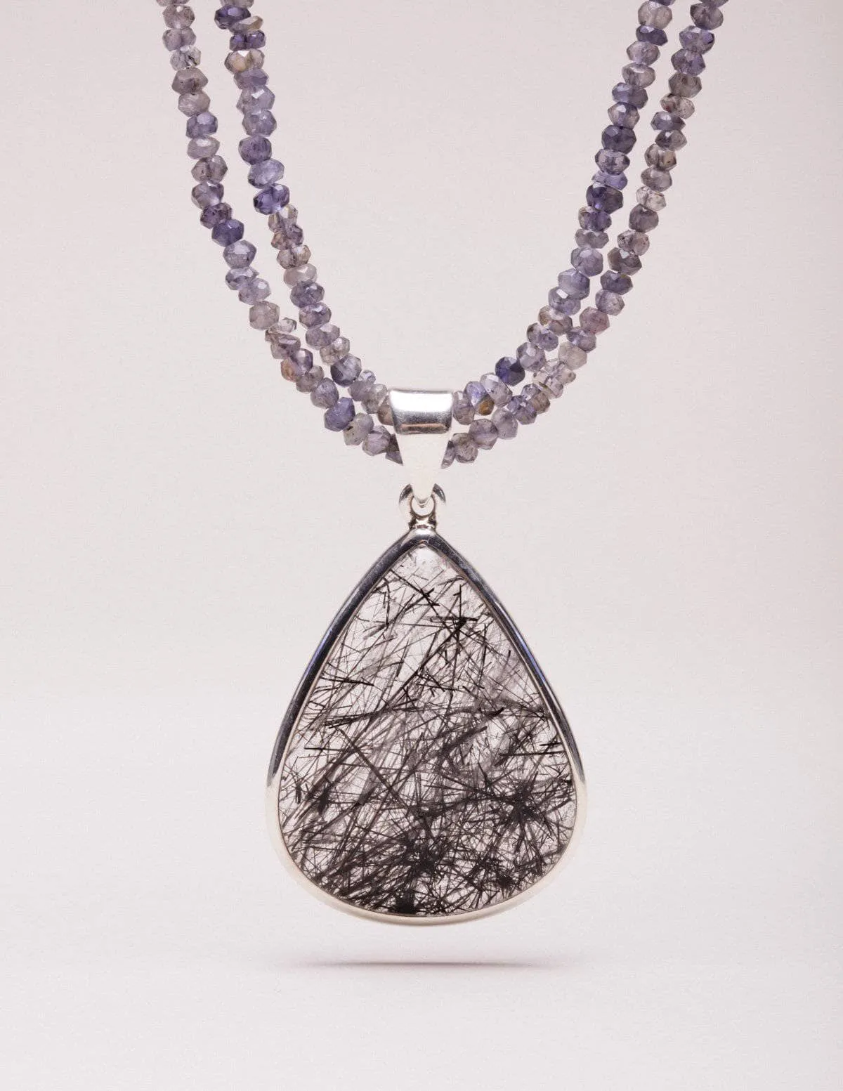 Black Rutilated Quartz on Iolite Necklace - One of a Kind