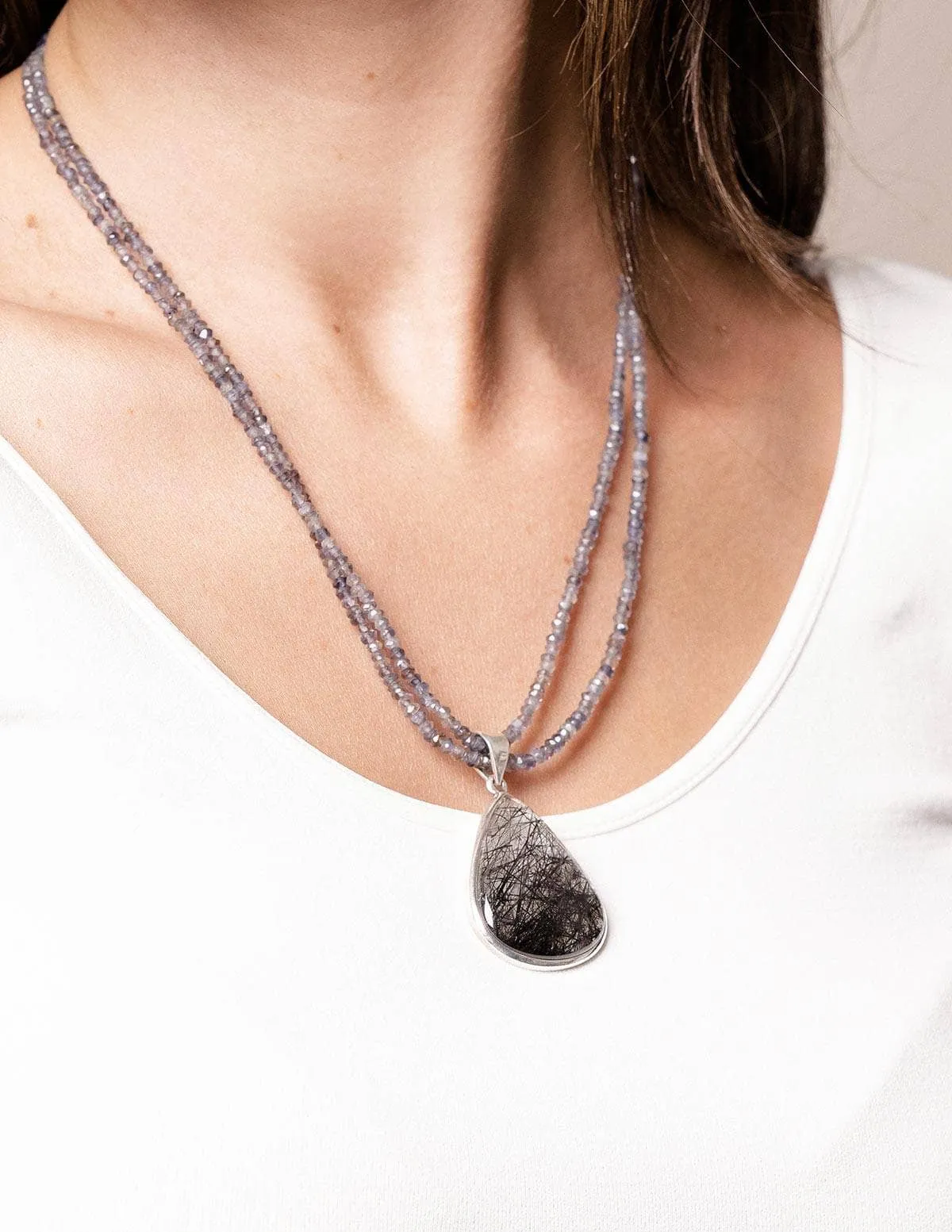 Black Rutilated Quartz on Iolite Necklace - One of a Kind