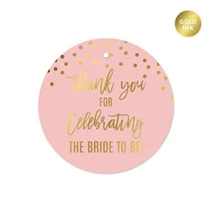 Blush Pink and Metallic Gold Confetti Polka Dots Bachelorette Party Round Circle Gift Tags, Thank You for Celebrating The Bride to Be