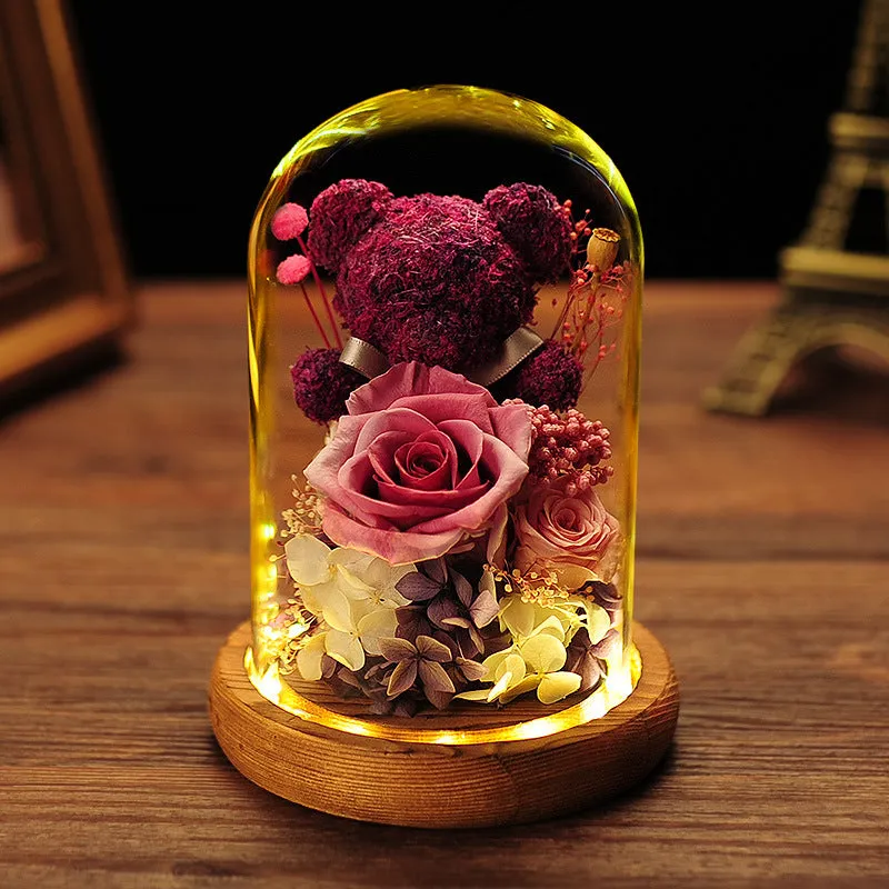 Bulk Preserved Flowers Gifts Rose Moss Bear Gifts with Led Light Wholesale