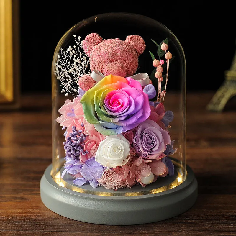 Bulk Preserved Flowers Gifts Rose Moss Bear Gifts with Led Light Wholesale