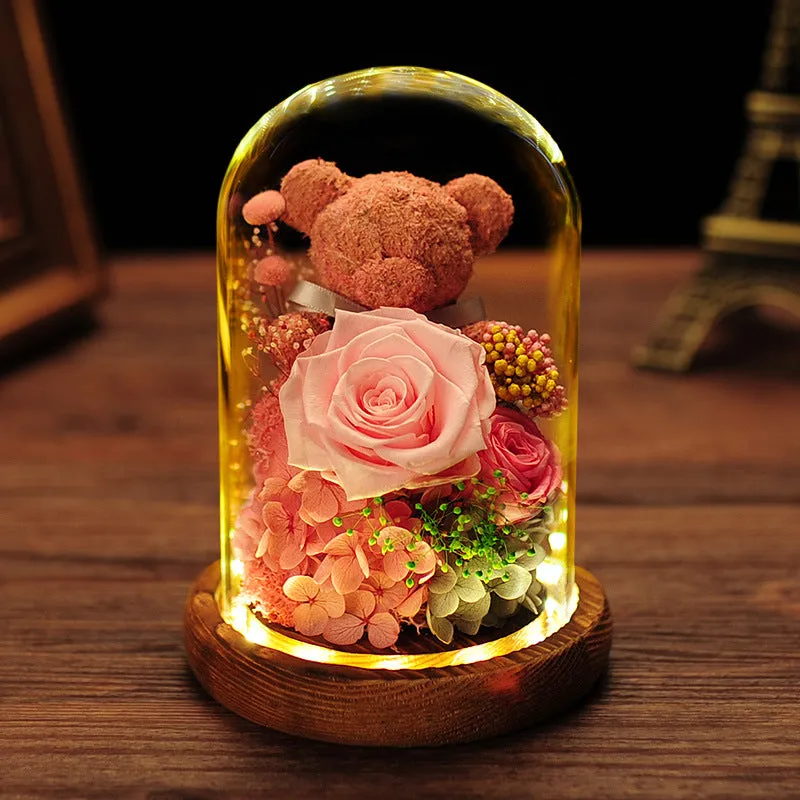 Bulk Preserved Flowers Gifts Rose Moss Bear Gifts with Led Light Wholesale