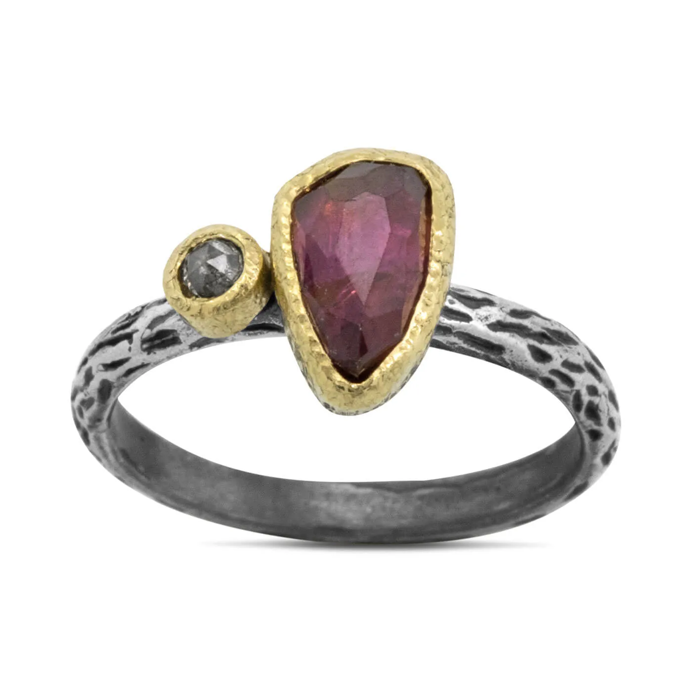 Cactus Texture Ring with Free-Form Rose Cut Rhodolite Garnet and diamond