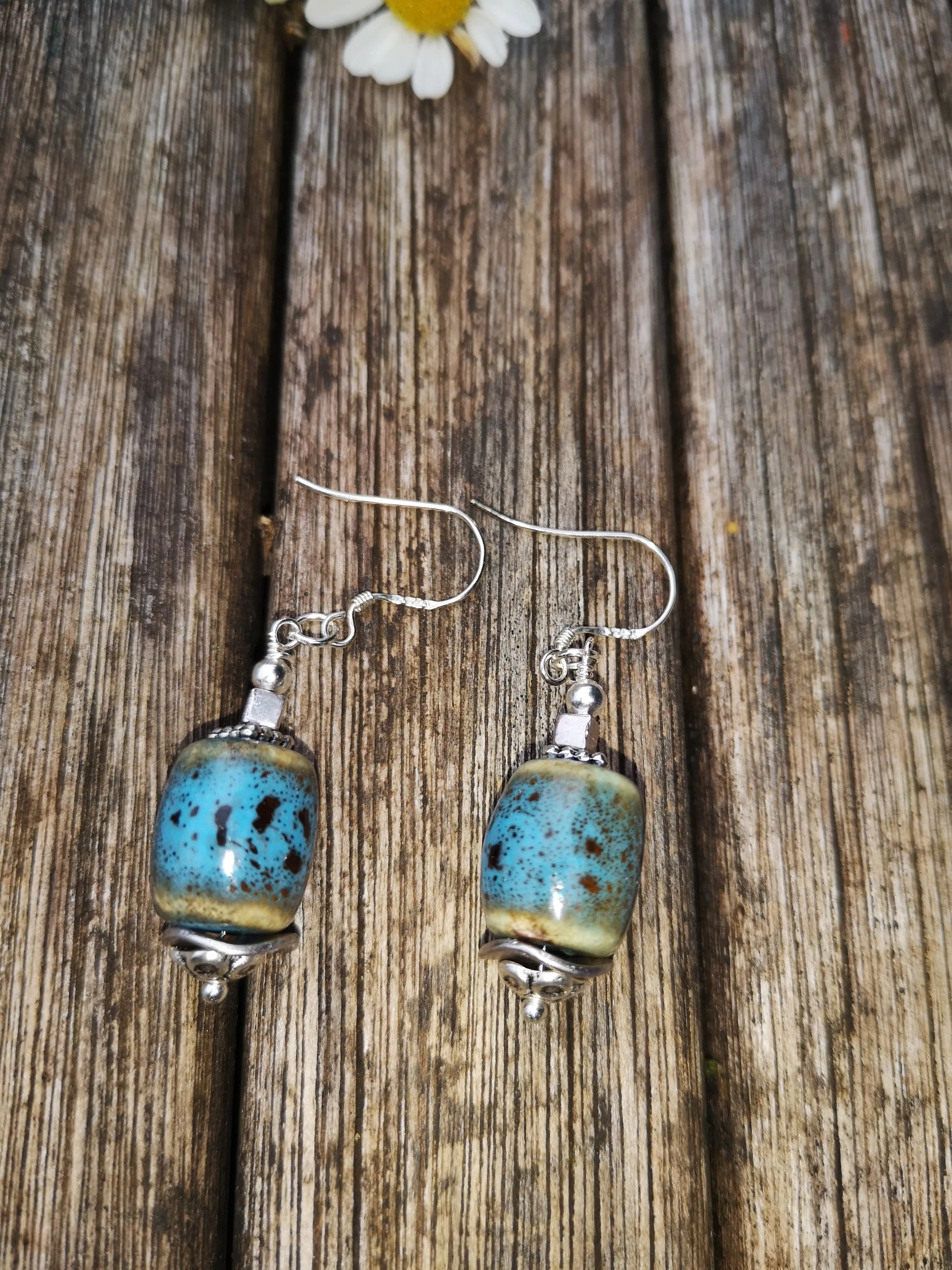 Ceramic barrel earrings with 925 ear wires and Tibetan silver spacers