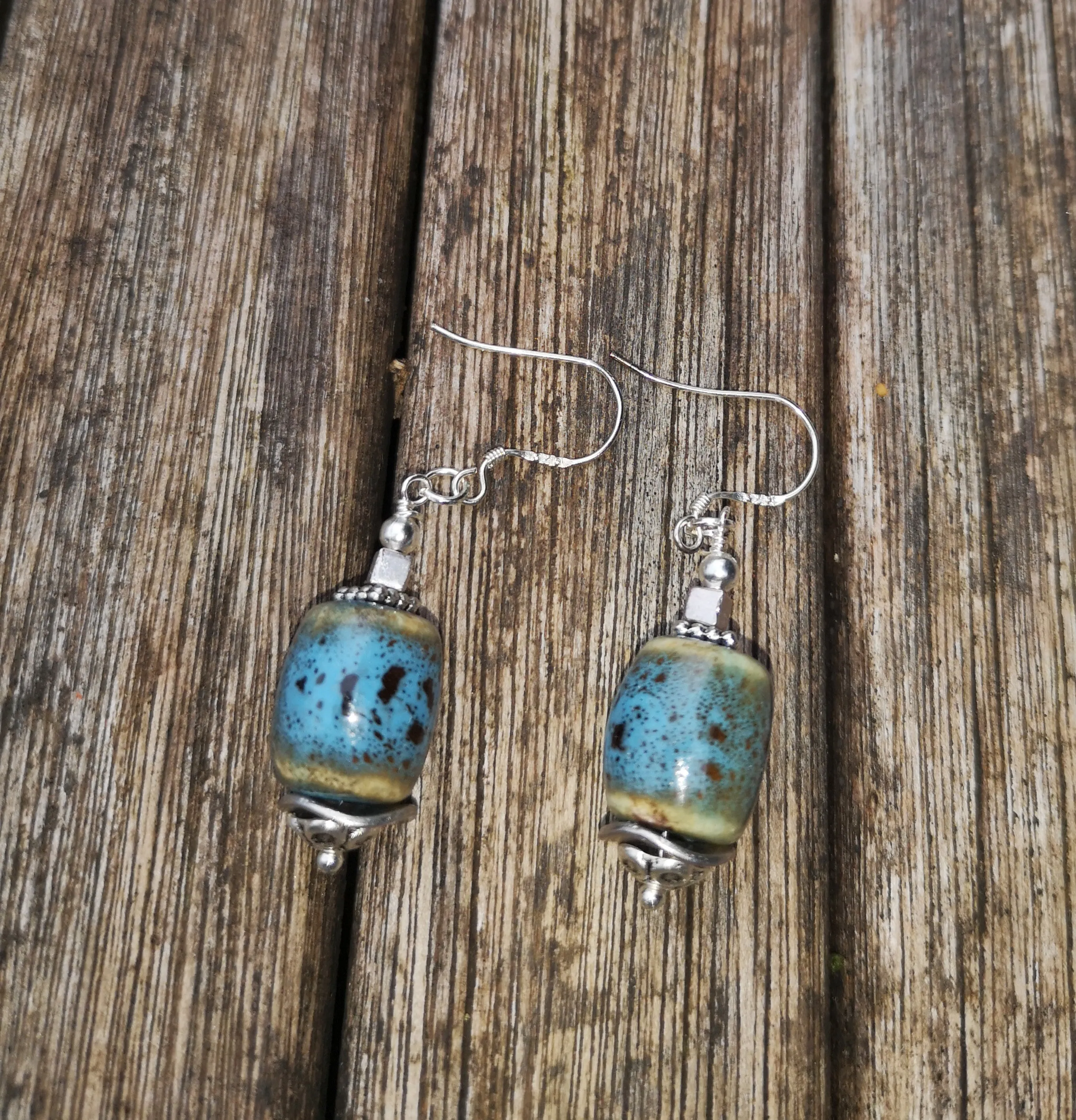 Ceramic barrel earrings with 925 ear wires and Tibetan silver spacers