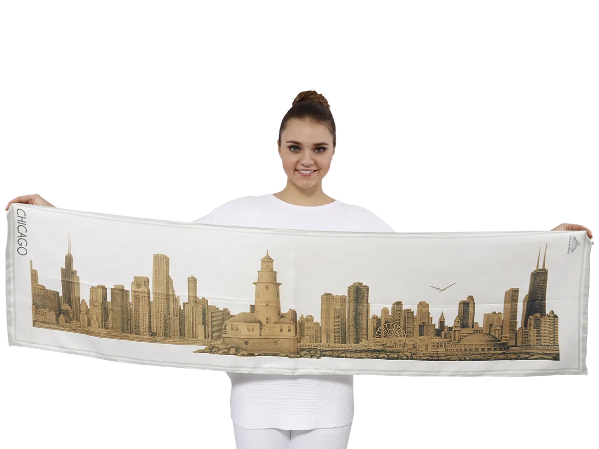 CHICAGO Skyline 100% Silk Oblong Scarf in Gold White