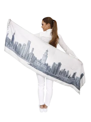 CHICAGO Skyline Art 100% Silk Stole Scarf in Purple White