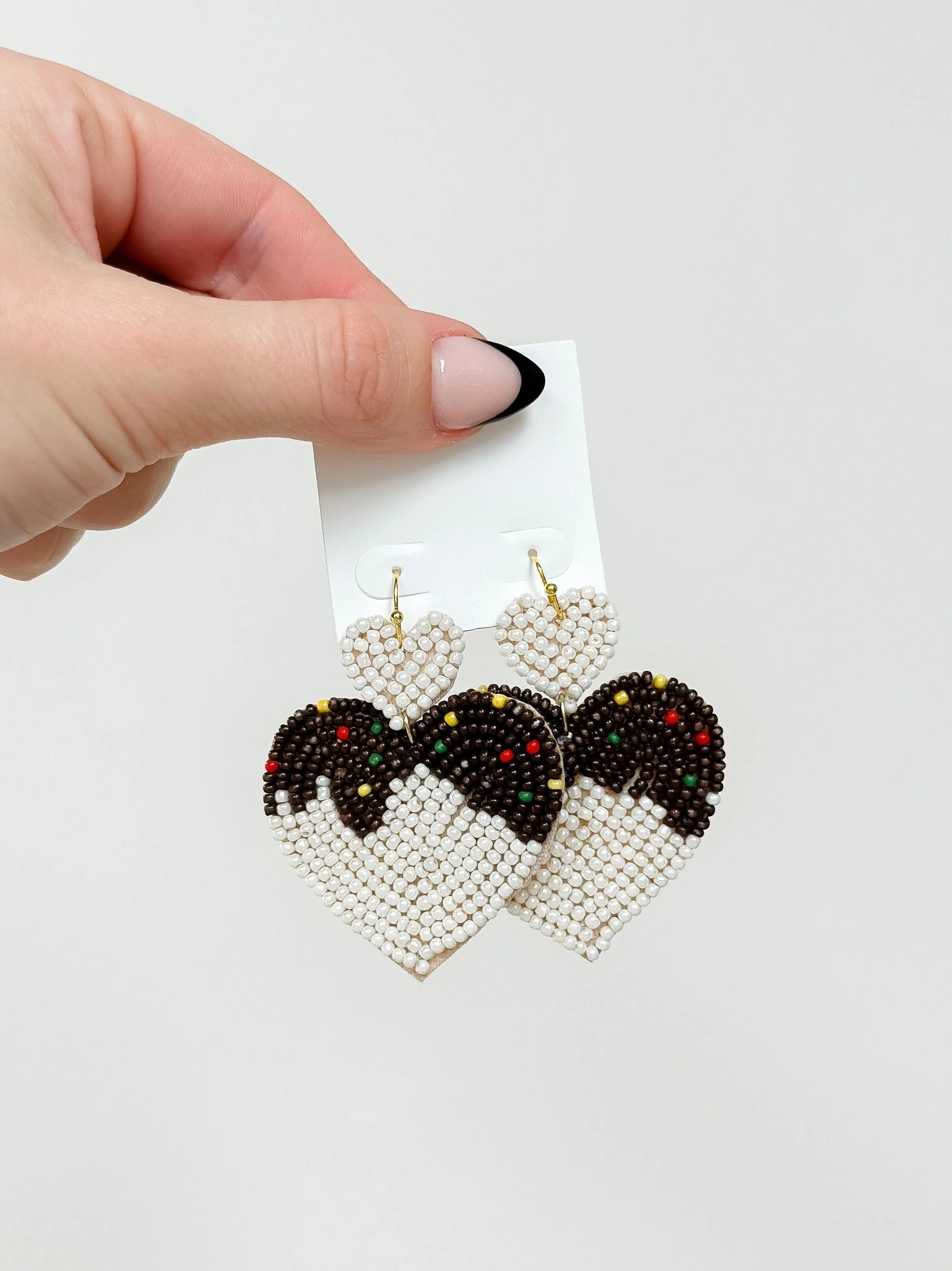 Chocolate Heart Beaded Dangle Earrings - Ivory