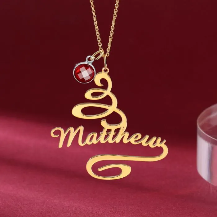 Christmas Tree Birthstone Name Necklace