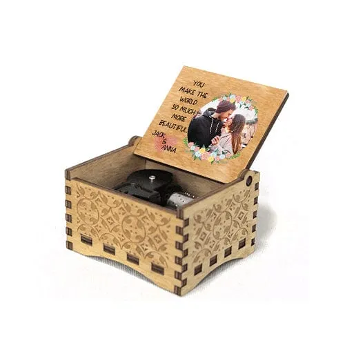 Custom Name&Photo Flowers Wooden Music Box Put Your Couple Photo on Music Box