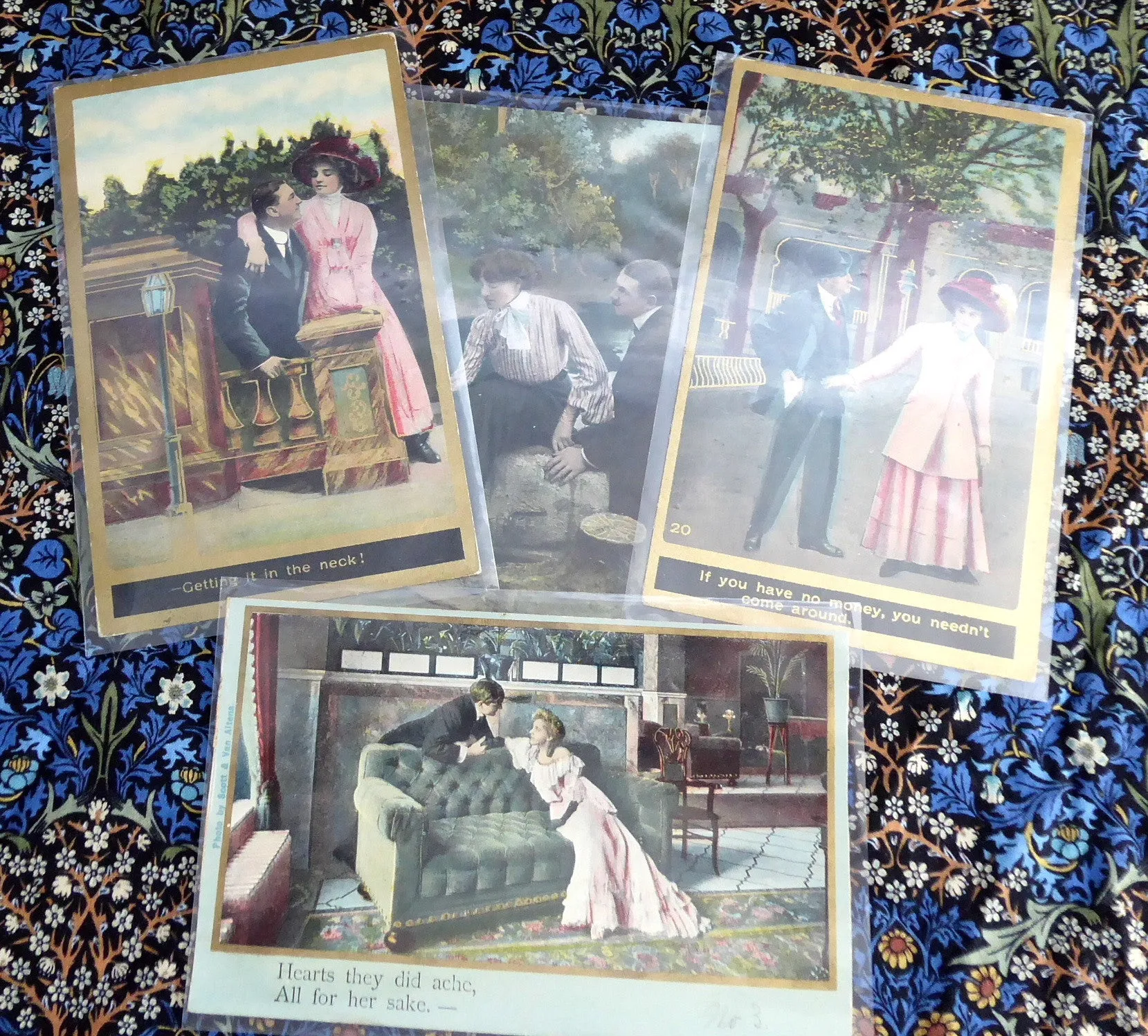 Edwardian Romance Postcards Set Of 4 Real Photos Captions Gold Metallic Accents 1900