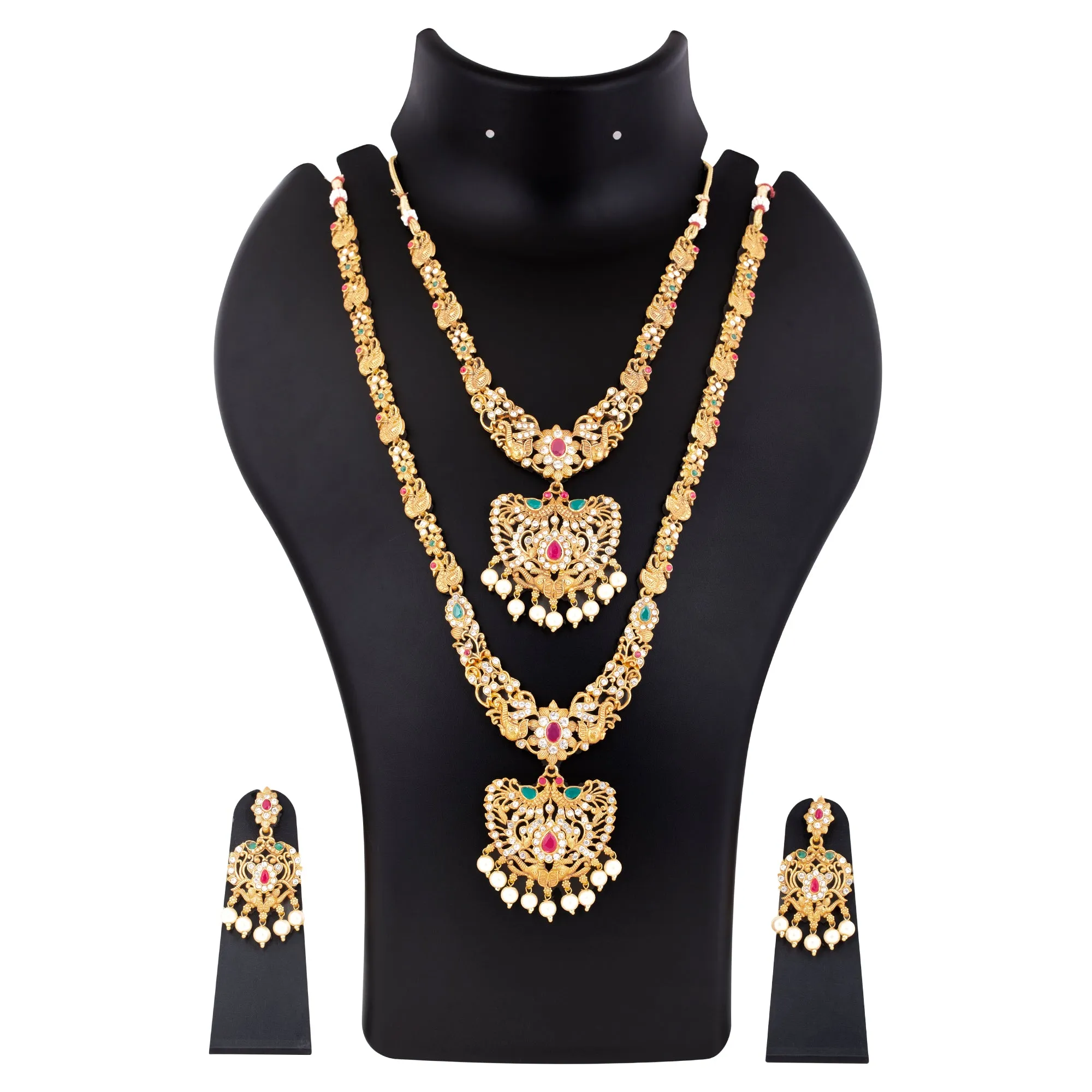 Estele Gold Plated Artistic Designer Bridal Long Necklace Set Combo with Color Stones & Pearls for Women