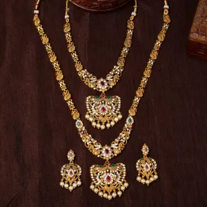 Estele Gold Plated Artistic Designer Bridal Long Necklace Set Combo with Color Stones & Pearls for Women