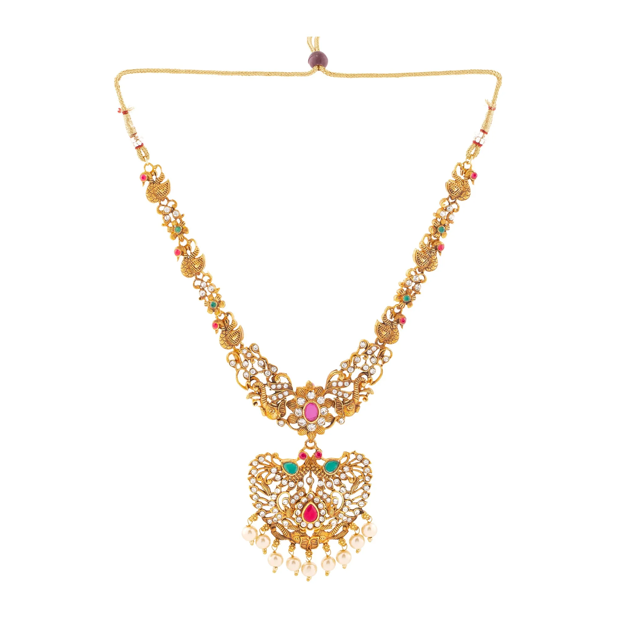 Estele Gold Plated Artistic Designer Bridal Long Necklace Set Combo with Color Stones & Pearls for Women