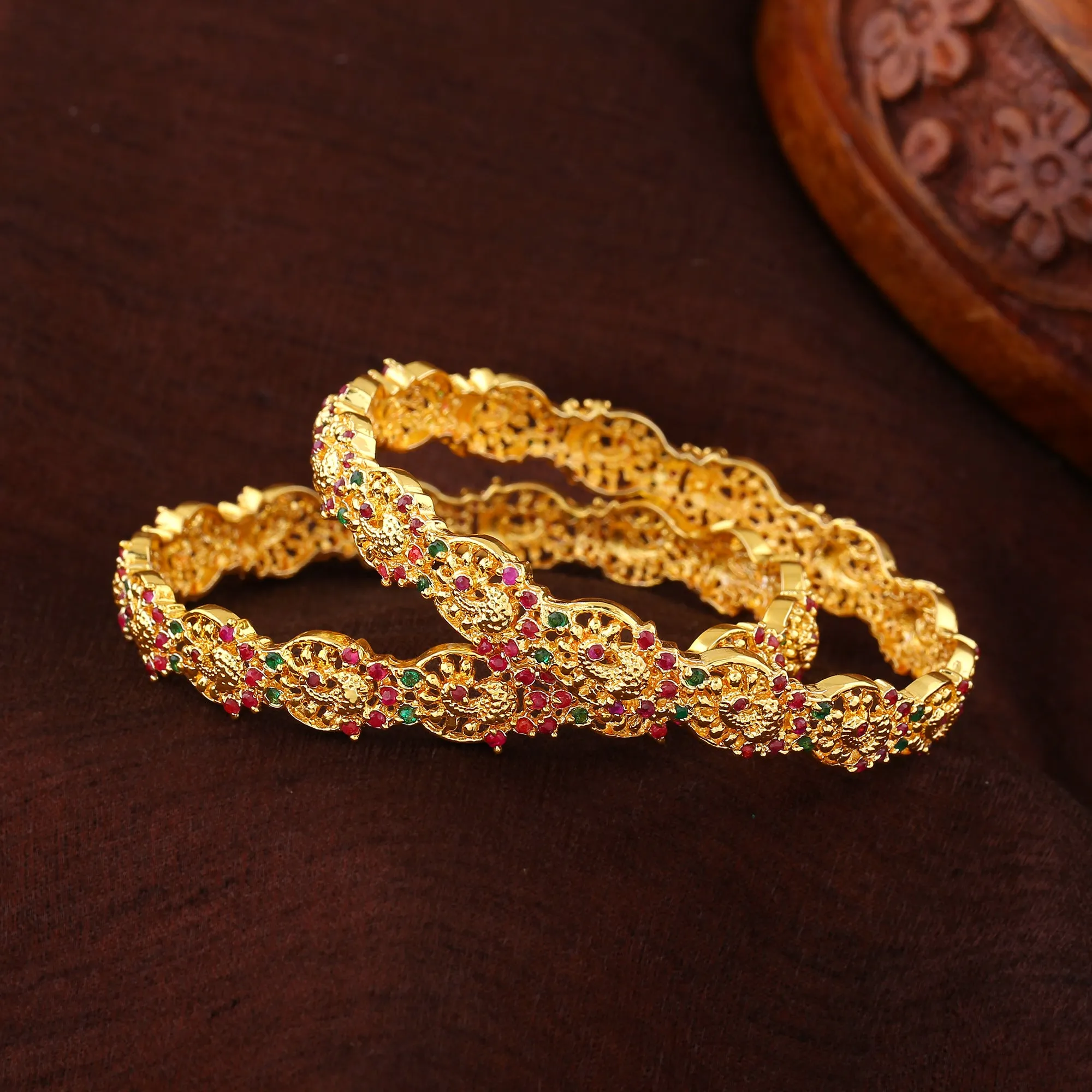 Estele Gold Plated CZ Opulent Peacock Designer Bangle for Women