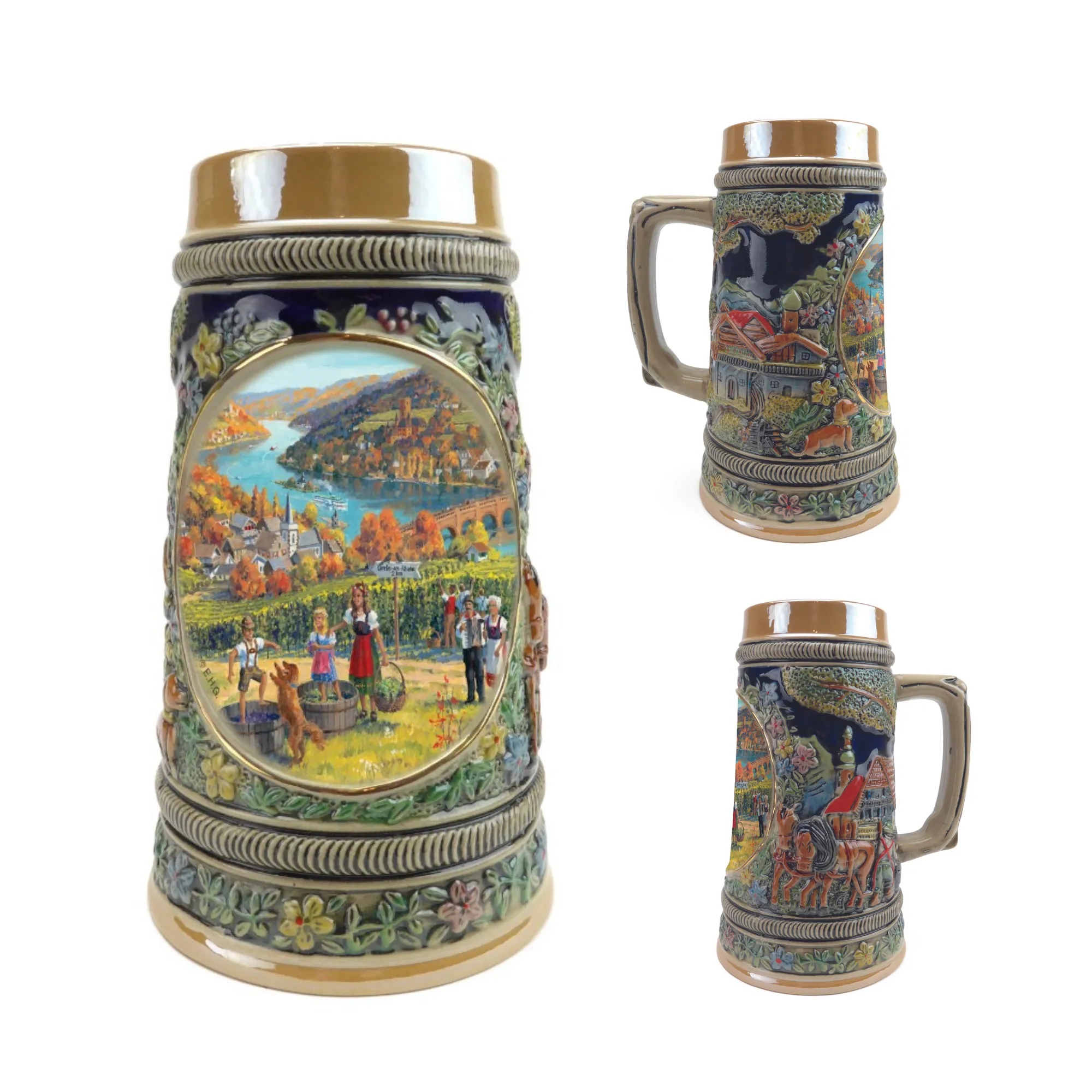 Fall in German Beer Stein .55 Liter Embossed Ceramic