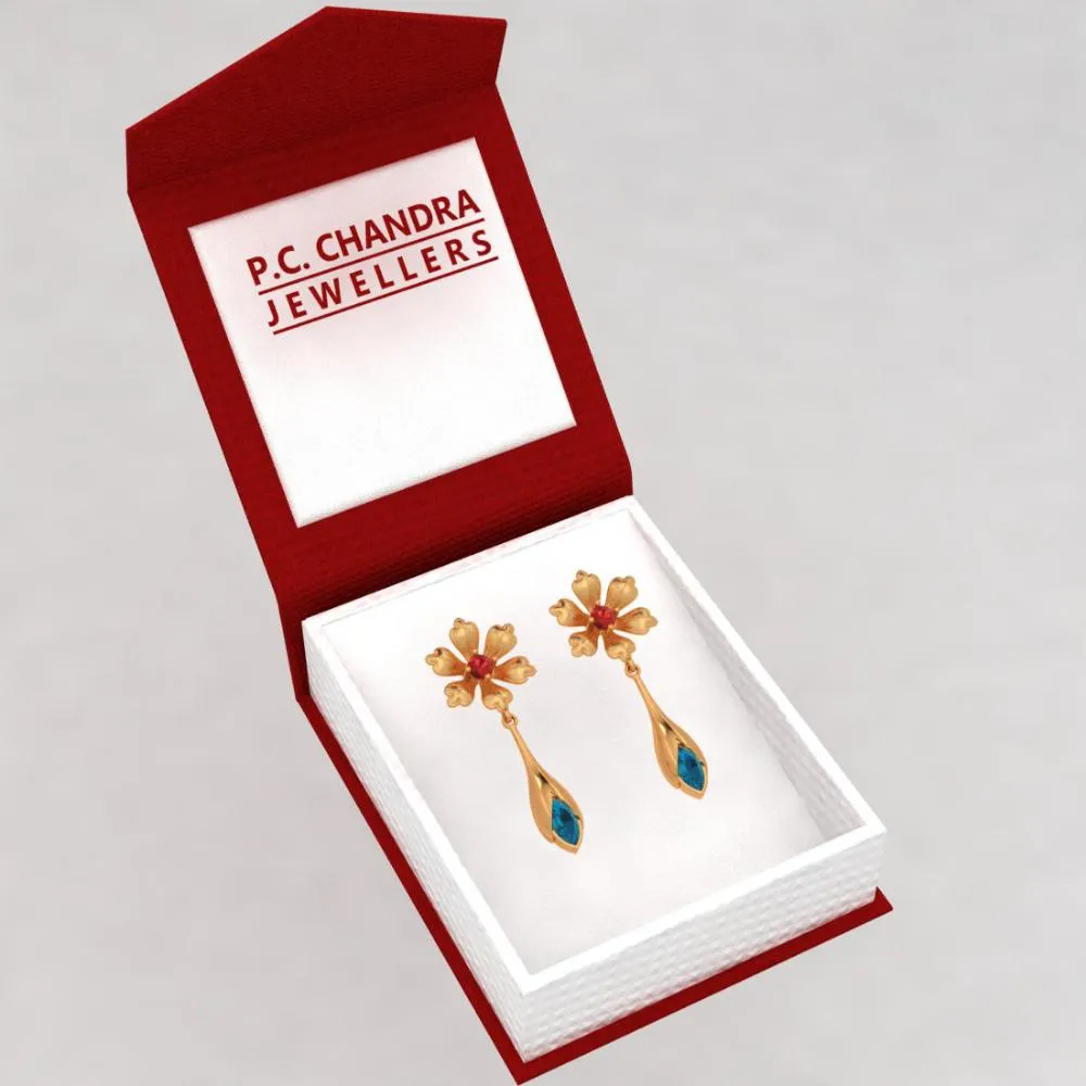 Floral Style 18k Gold Blue And Red Gems Earrings