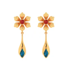 Floral Style 18k Gold Blue And Red Gems Earrings