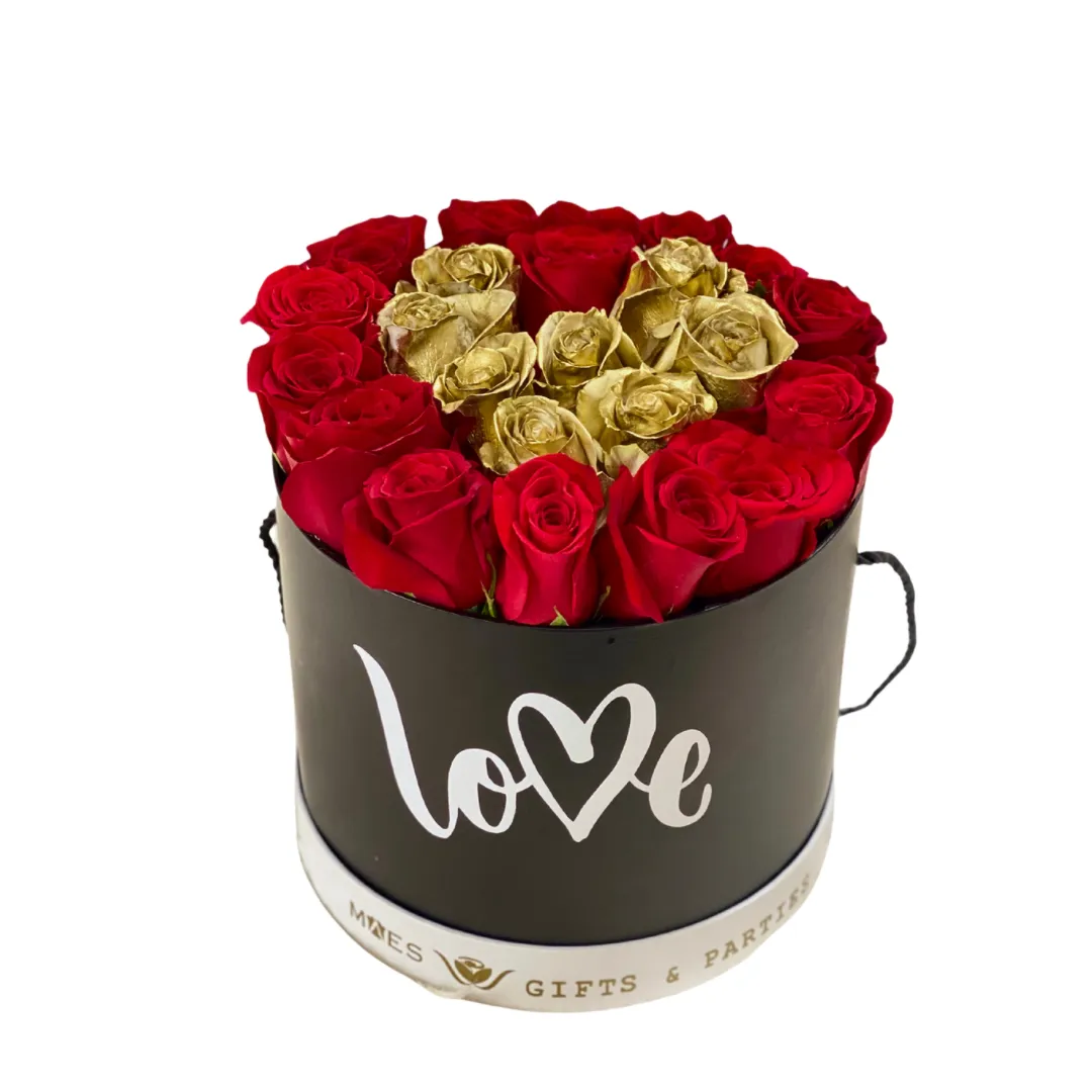 Fresh Roses in Deluxe Box (Love-Black) | Classic Red and Gold Color