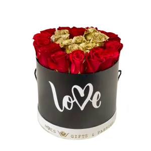 Fresh Roses in Deluxe Box (Love-Black) | Classic Red and Gold Color