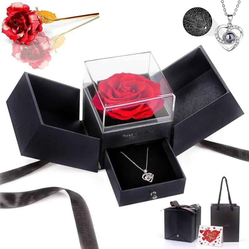 GIFTHEART for Wife Preserved Black Box Rose Flower with Silver Heart Necklace | Valentine & Birthday Gift for Girlfriend, Wife & Special Love (Design-6)