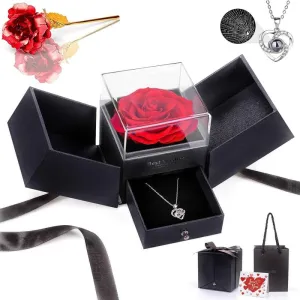 GIFTHEART for Wife Preserved Black Box Rose Flower with Silver Heart Necklace | Valentine & Birthday Gift for Girlfriend, Wife & Special Love (Design-6)