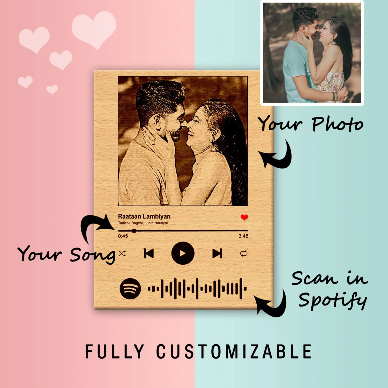 Incredible Gifts India Wooden Personalized Spotify Photo Frame for Couple or Friends (5x4 in, Wood), Tabletop