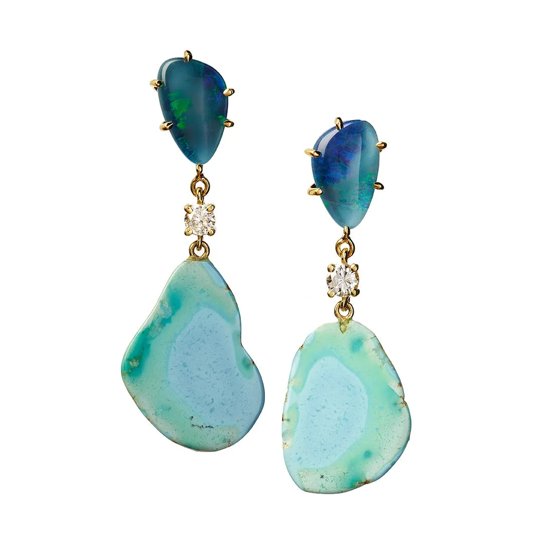 Kazakhstan Turquoise & Opal 18K Gold One of a Kind Gemstone Earrings