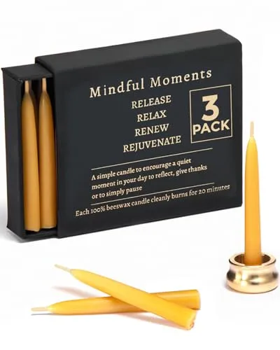 Mindful Meditation Candle Set with Mini Taper Candles - Prayer Candles with Taper Candle Holder, Relaxation Gifts for Women Stress, Serenity Prayer Gifts - 12 Beeswax Mini Yellow Candles with Holder