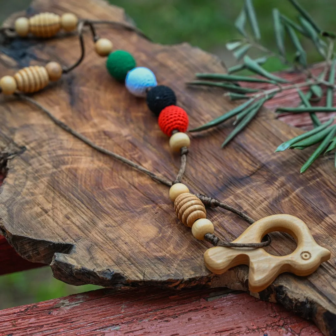 New Mama Gift - Palestinian Colors Olive Wood Teething Necklace with Dove