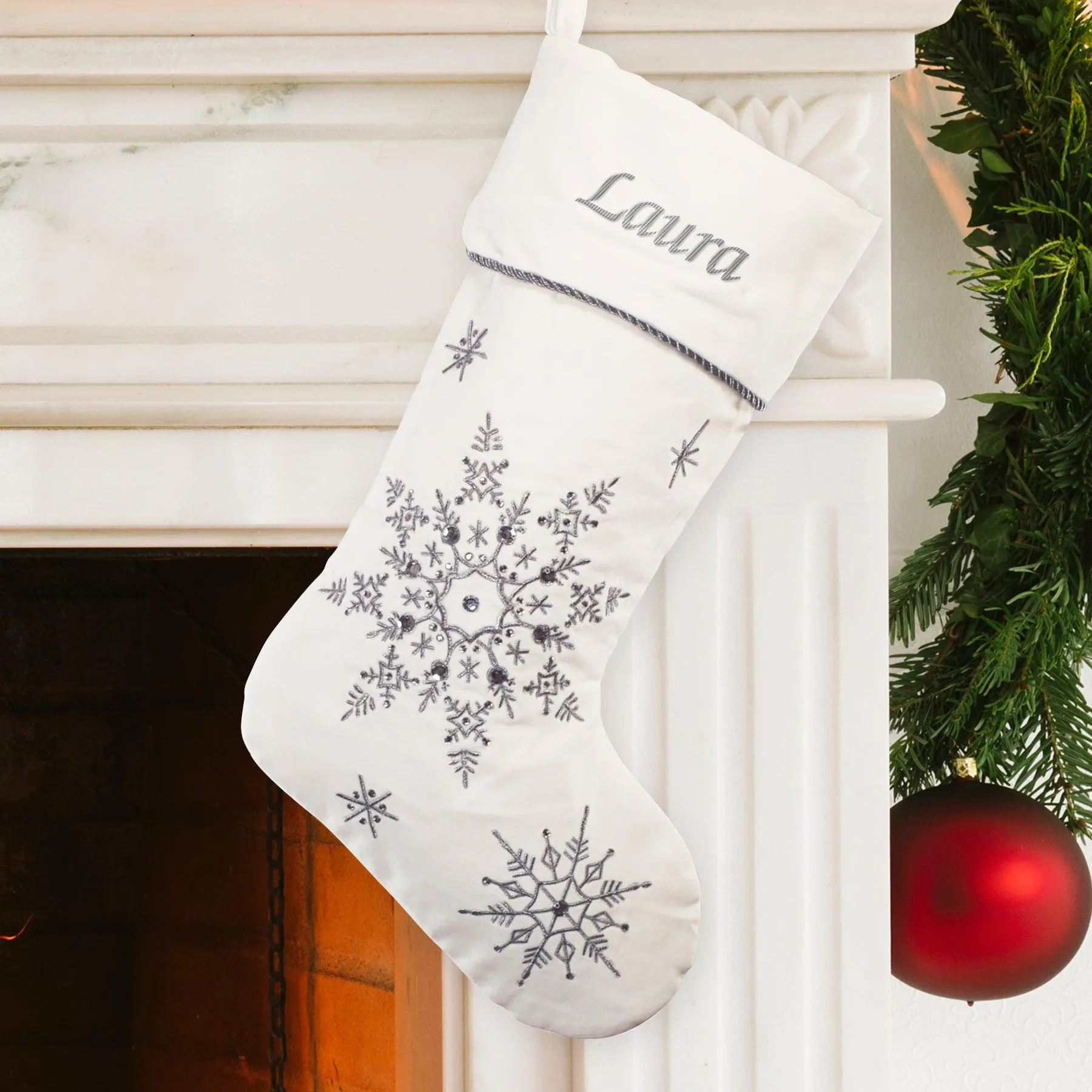 Personalized White Velvet Snowflakes Stocking