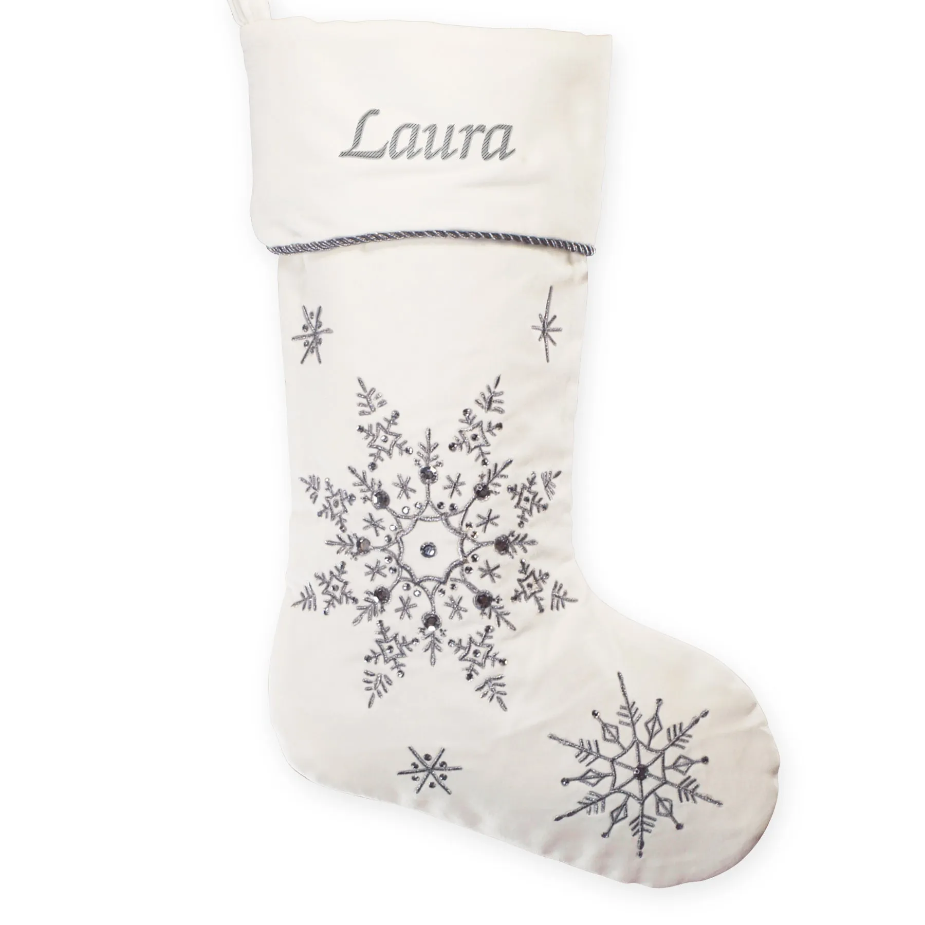 Personalized White Velvet Snowflakes Stocking