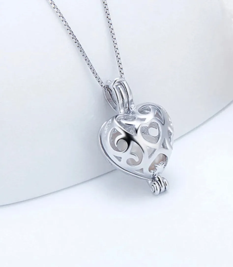 Romantic Heart Sterling Silver Cage Necklace Set