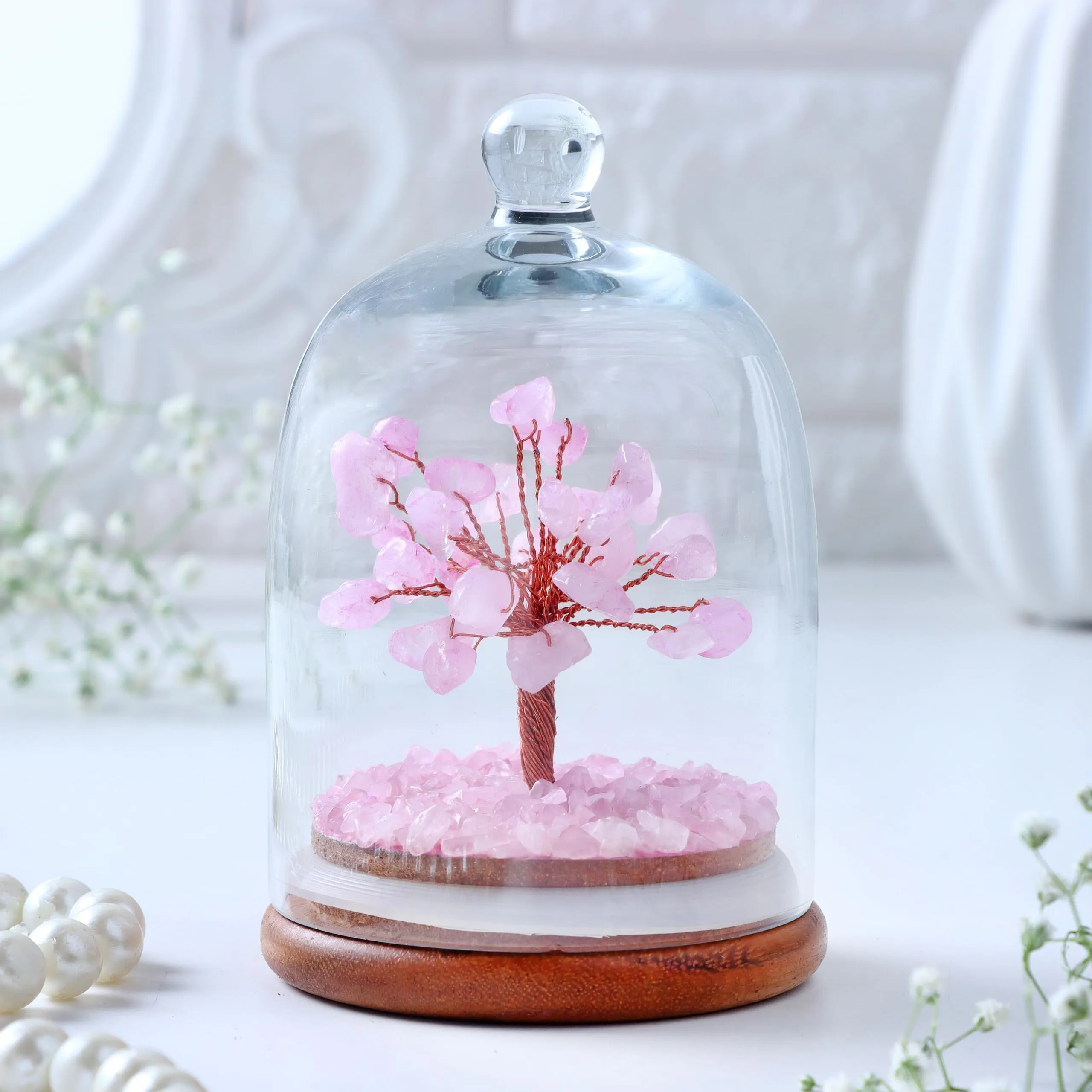 SALVATION GEMS Rose Quartz Dome Crystal Tree | Healing Good Luck Feng Shui Bonsai Money Tree | Office and Home Dcor Gift | Best Home Decorative Items Size 10-12