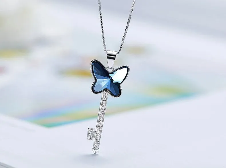 Sterling silver butterfly key necklace