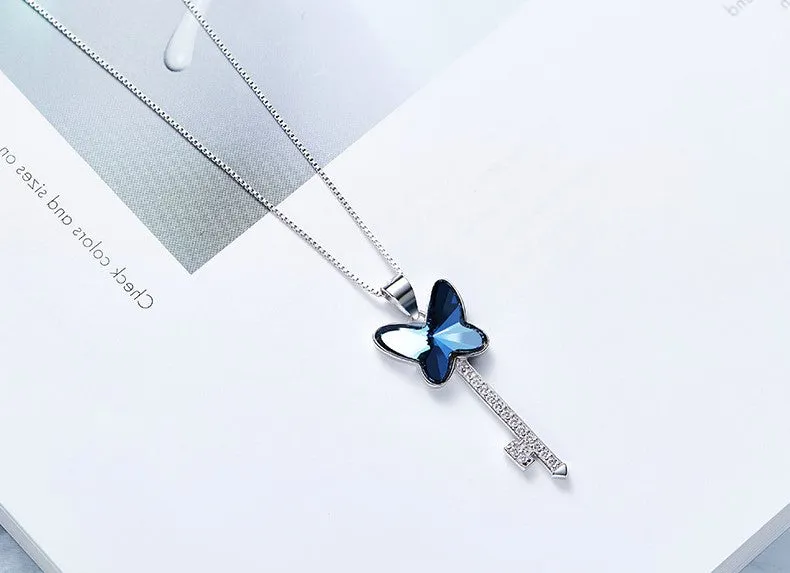 Sterling silver butterfly key necklace