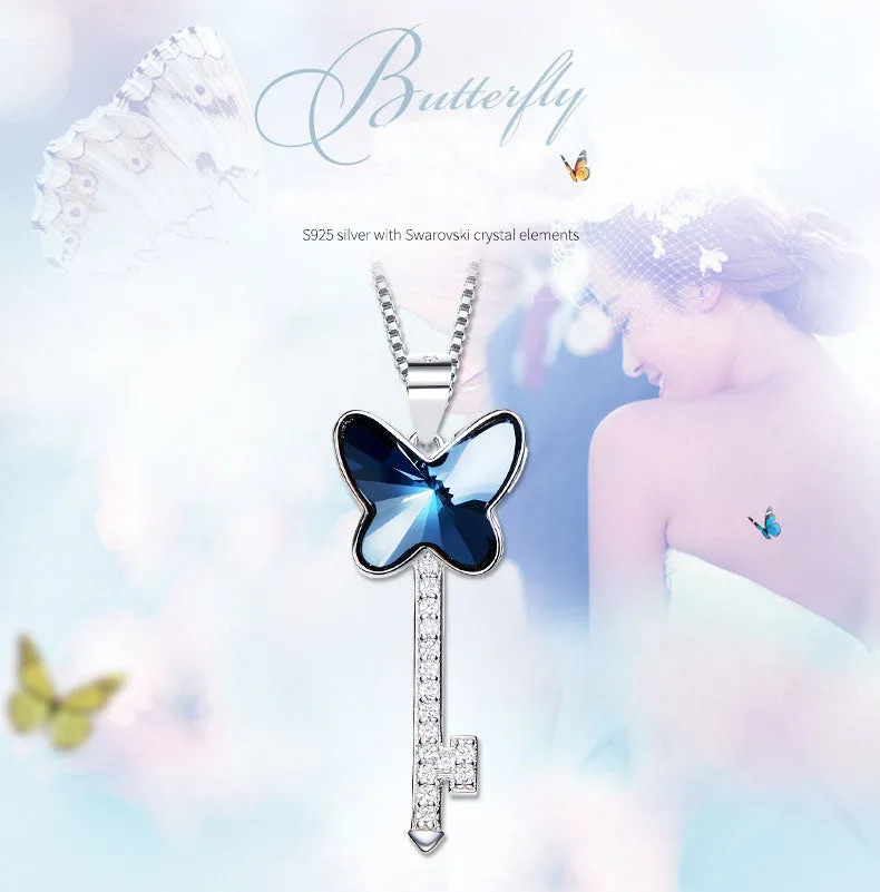 Sterling silver butterfly key necklace