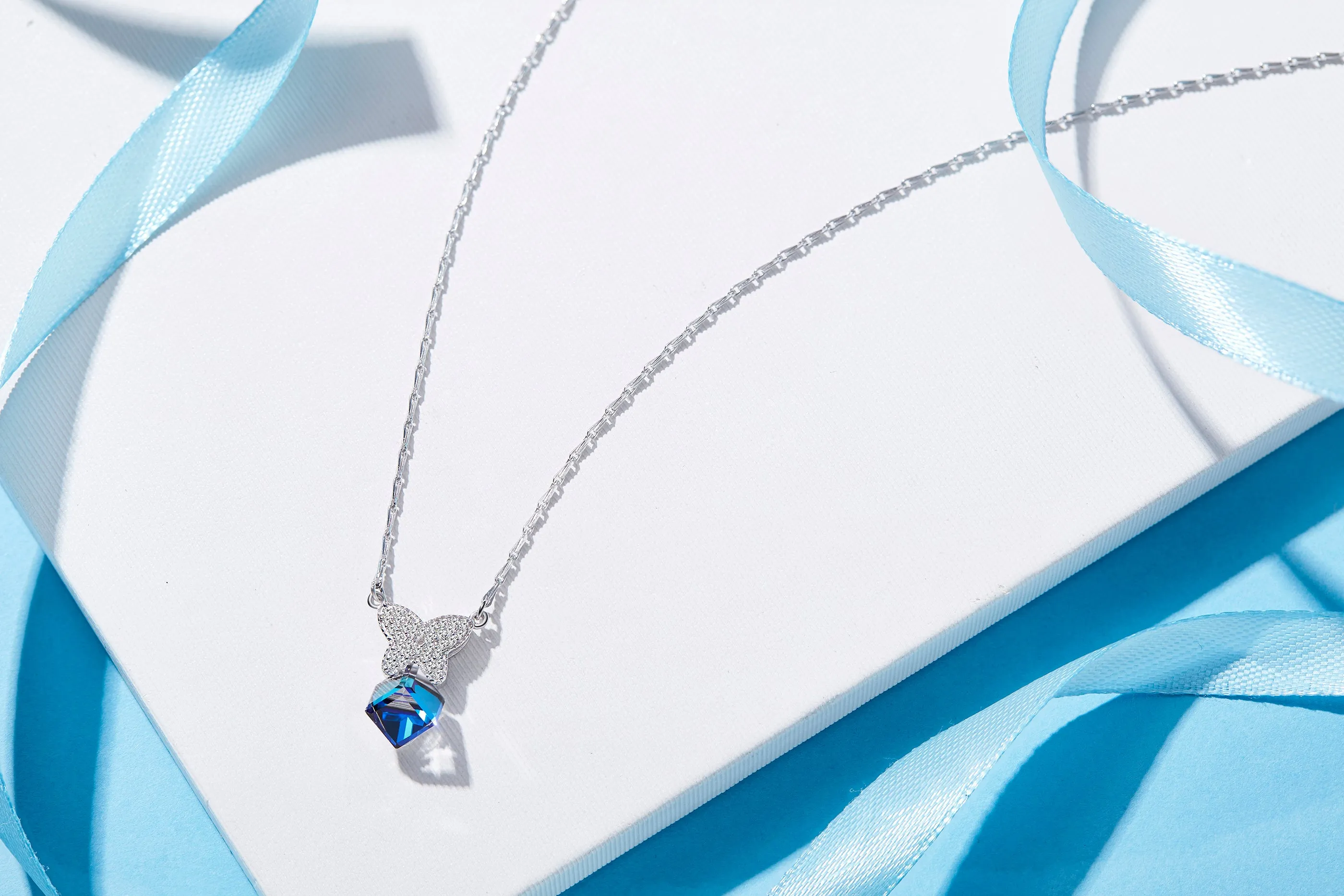 Sterling silver cubic sapphire butterfly necklace