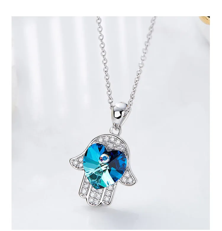 Sterling silver cute shining sapphire hand necklace