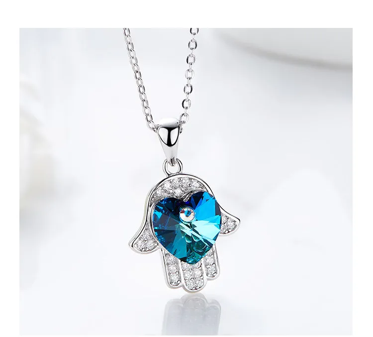 Sterling silver cute shining sapphire hand necklace