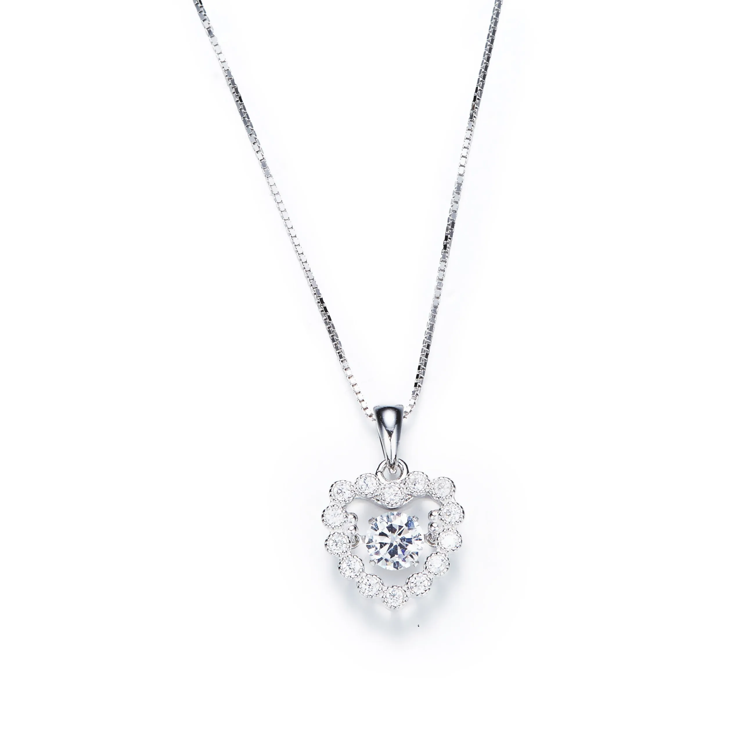 Sterling silver rose dancing crystal heart necklace