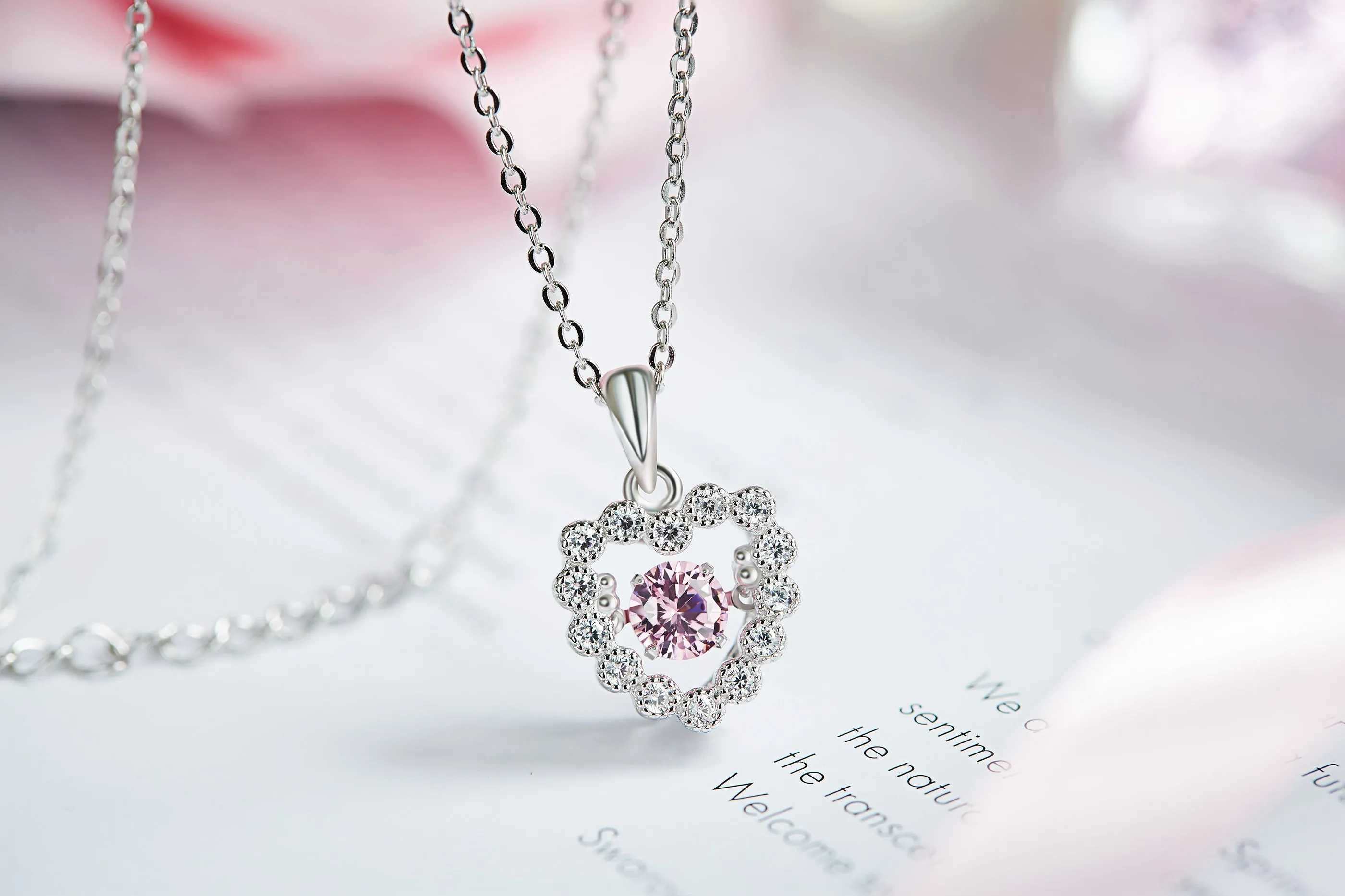 Sterling silver rose dancing crystal heart necklace