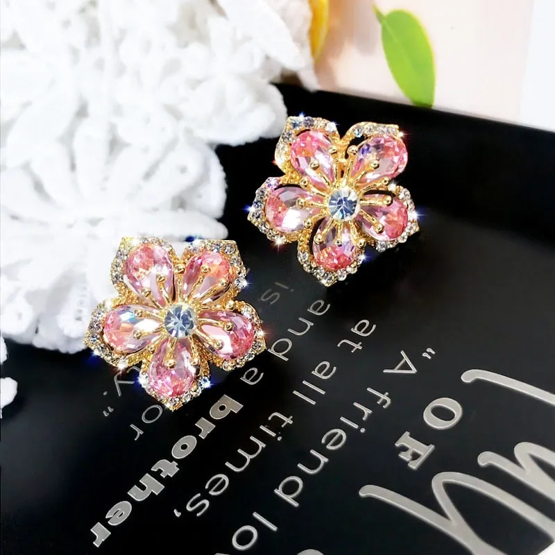 Wedding Jewelry Romantic Flower Stud Earrings for Women with Zircon in Gold Color